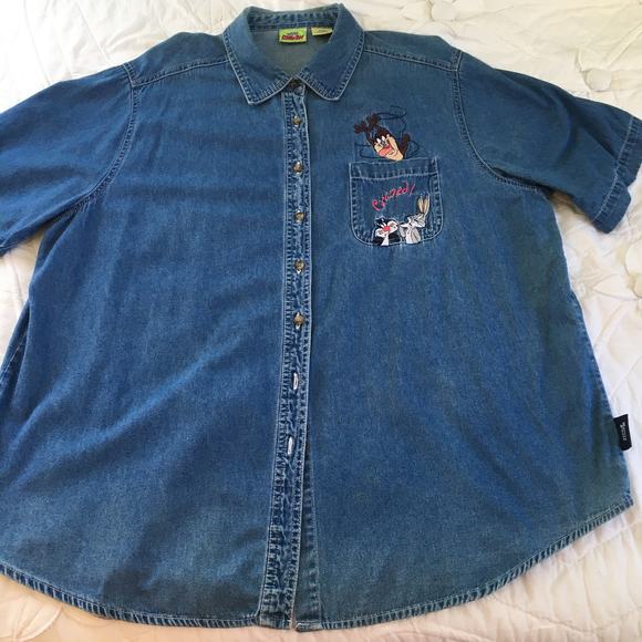 VTG plus Cartoon Network Looney Tunes Taz and Bugs denim short slv button up Y2K - Picture 1 of 13